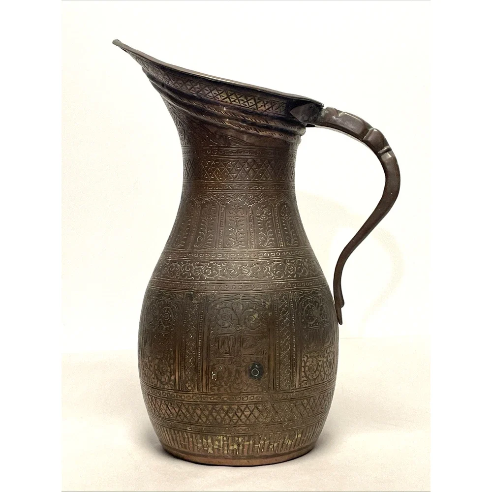 Antique Indo Persian Engraved Copper Ewer Pitcher Jug 12” Heavy 50oz